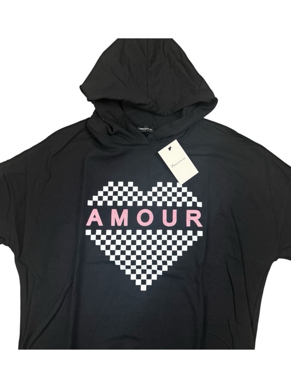 NWT Amour Black Corset Lace Up Checkered Hoodie Sweatshirt Mini Dress Boutique - Picture 4 of 9